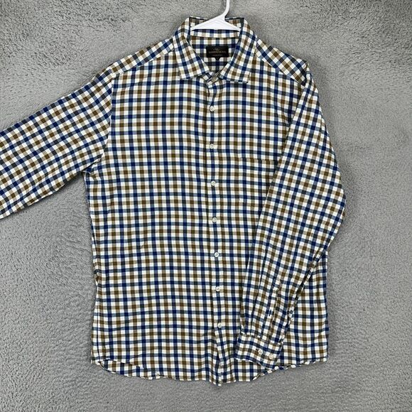 Rodd Gunn Woven In Italy Button Up Shirt Adult Large Blue Tan Plaid Pocket Mens